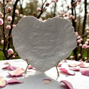 Vintage Italian White Ceramic Heart-Shaped Decorative Plate With Embossed Cherub